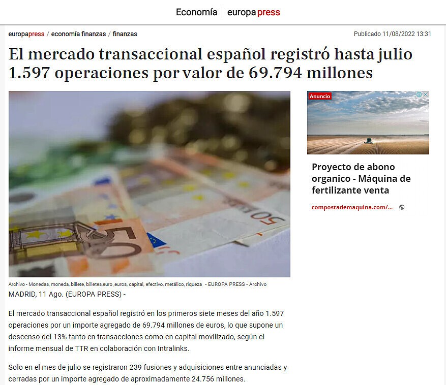 El mercado transaccional espaol registr hasta julio 1.597 operaciones por valor de 69.794 millones